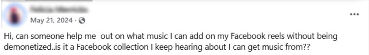 Facebook post asking which music avoids demonetization on Reels and whether a specific Facebook collection should be used.