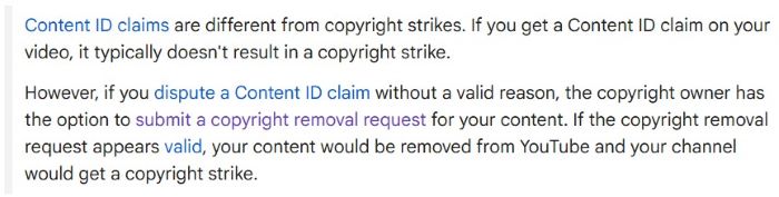 Help Center excerpt explaining the difference between Content ID claims and copyright strikes on YouTube