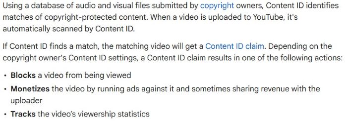 YouTube Help text explaining Content ID scan and claim outcomes: block, monetize, or track