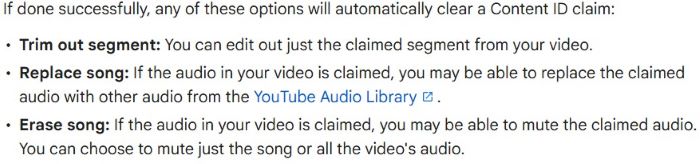 YouTube Studio options to clear a Content ID claim: trim out segment, replace song, or erase song