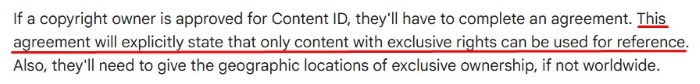 Eligibility note stating Content ID agreements require exclusive rights for reference files