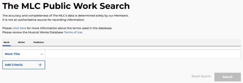 MLC public database interface for searching musical works by title, writer, or publisher