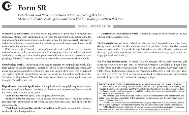 U.S. Copyright Office Form SR for registering published or unpublished sound recordings and phonorecords