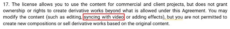 License agreement excerpt highlighting permission to sync music with video but restricting derivative compositions