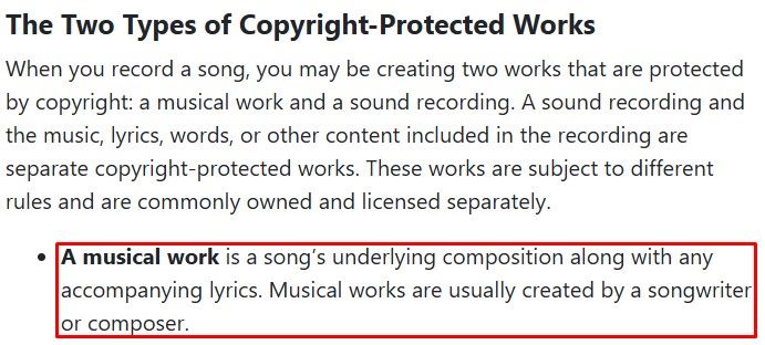 US Copyright Office guide showing the definition of a musical work as the underlying song and lyrics, used to clarify composition rights for podcasts.