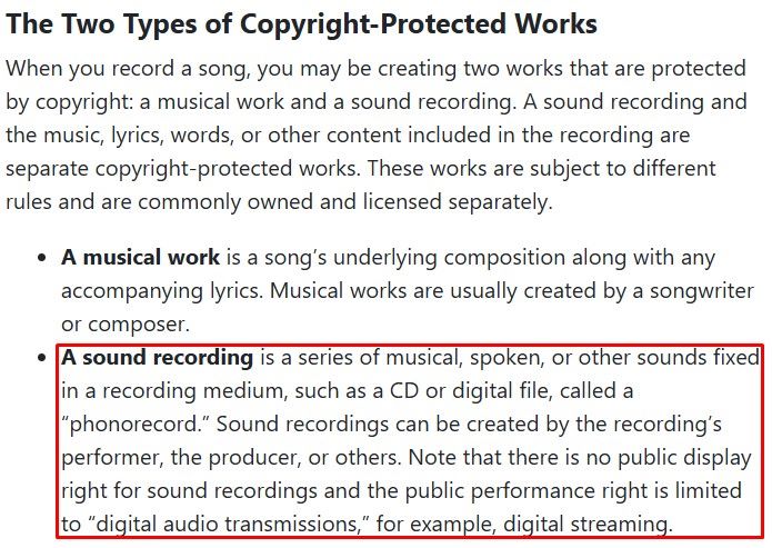 US Copyright Office guide defining a sound recording as a fixed audio performance, highlighting that recordings and musical works carry separate copyright for podcasters.