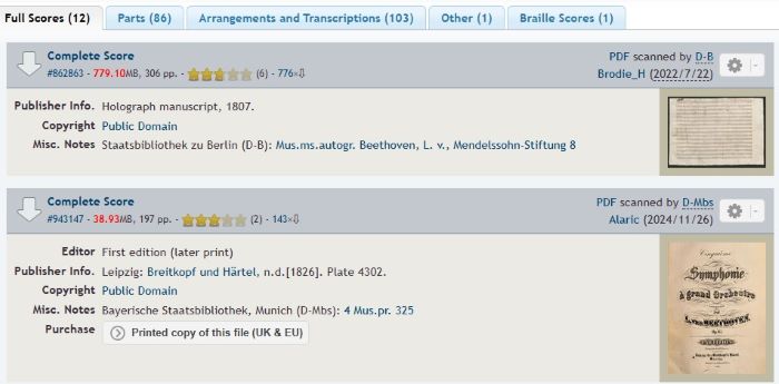 IMSLP public domain catalog page listing Beethoven scores with publisher information and copyright status, used to verify public domain compositions for podcasts.