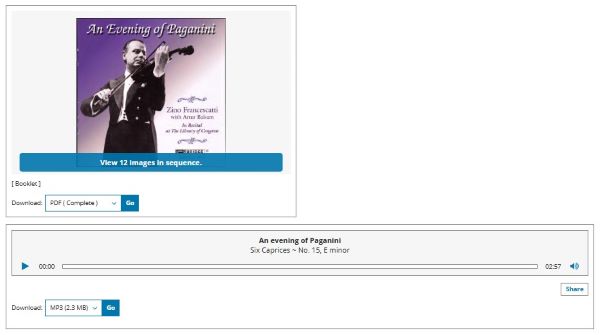 Classical music album page with Paganini artwork and audio player, showing a specific recording a podcaster might vet as a public domain or licensed source.