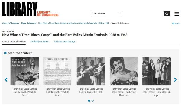 Library of Congress digital collection page for blues and gospel festival recordings, a high-authority archive for checking public domain recordings and rights.