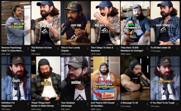 YouTube channel grid packed with talking-head thumbnails, illustrating how podcast audio and music travel into video platforms that still run automated copyright checks.