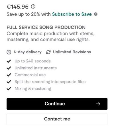 Online offer for full service song production with stems, mastering and commercial use rights, showing a commissioned custom track as an alternative to public domain recordings.