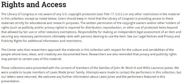 Library of Congress “Rights and Access” section explaining use conditions for archival recordings, a model source for PD verification and building solid PD music proof.