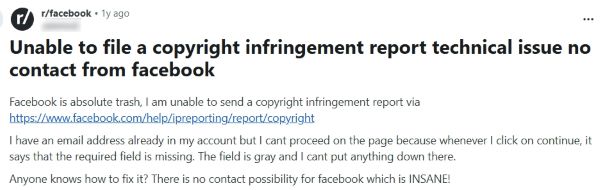 Reddit post reporting a technical issue when trying to file a Facebook copyright infringement report form