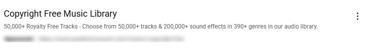 Copyright Free Music Library screenshot showing 50,000+ royalty-free tracks and 200,000+ sound effects available in 390+ genres.
