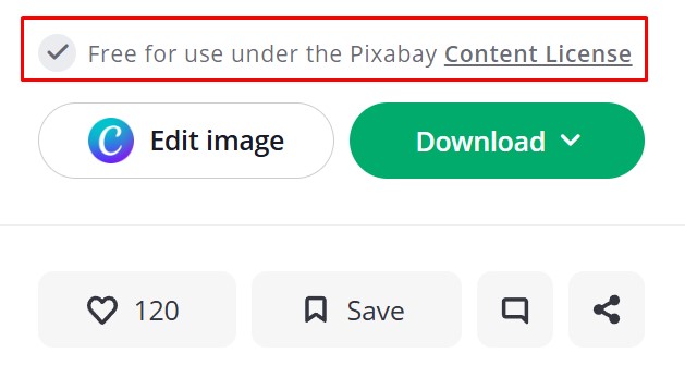 Pixabay download screen showing content marked free for use under the Pixabay Content License.
