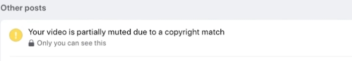 Facebook warning message stating 'Your video is partially muted due to a copyright match.