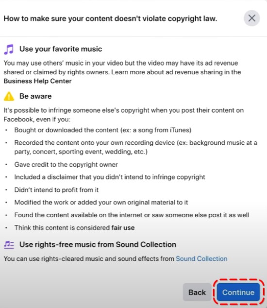 Facebook screen reminding users how to avoid copyright issues, including option to use Sound Collection, with 'Continue' button highlighted.