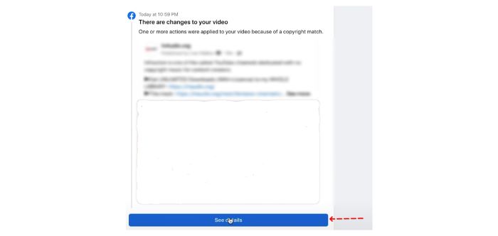 Facebook copyright change notice with 'See details' button highlighted at the bottom.