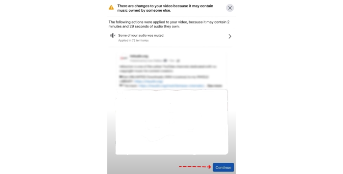 Facebook notice showing part of video audio muted due to copyright, with 'Continue' button highlighted.