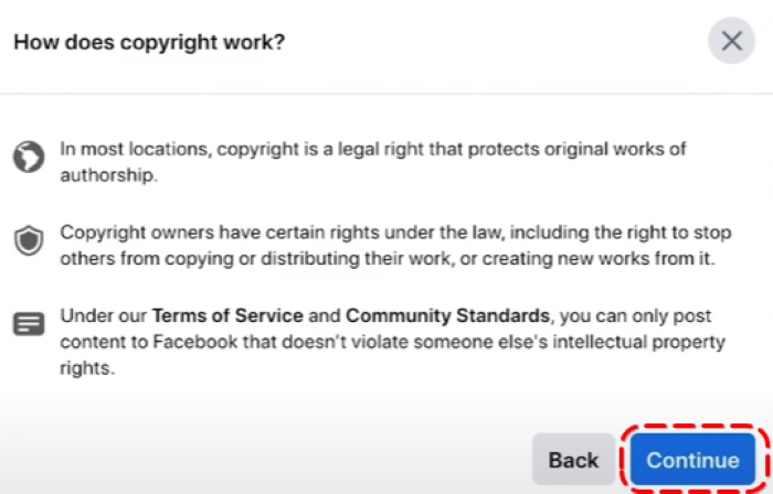 Facebook copyright explainer screen describing copyright rights, with 'Continue' button highlighted.