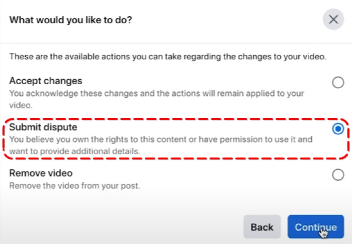 Facebook screen with options to accept changes, submit a dispute, or remove the video, with 'Submit dispute' selected.