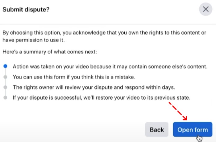 Facebook dispute summary screen showing next steps, with 'Open form' button highlighted.