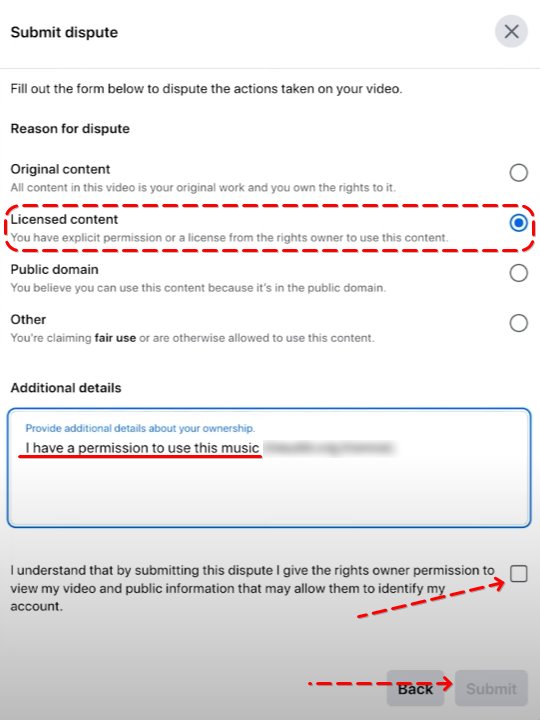 Facebook dispute form with 'Licensed content' selected as reason, additional details box, and submission checkbox.