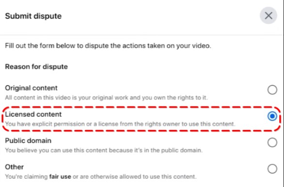 Facebook dispute submission screen with 'Licensed content' selected as reason for dispute.