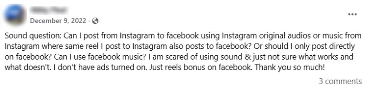Facebook post about cross-posting Reels from Instagram to Facebook with original/Music Library audio and whether Facebook music is allowed.