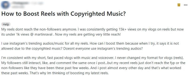 Reddit thread: How to boost Reels that use copyrighted/trending music—boost not allowed.