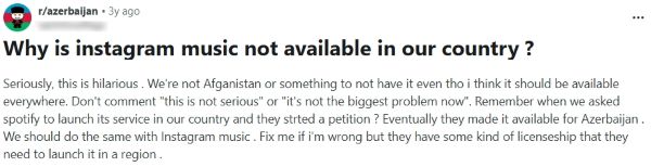 Screenshot of a Reddit post asking why Instagram music is not available in the user’s country