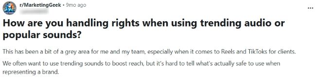 Screenshot of a Reddit post asking how marketers handle rights when using trending audio or popular sounds for clients