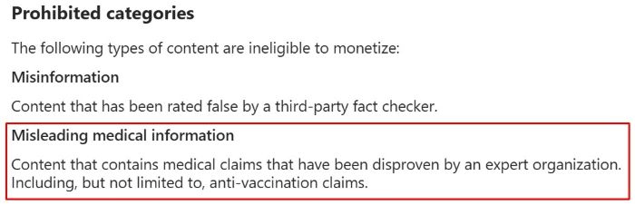 Instagram Help Center prohibited categories for monetization. Lists misinformation, misleading medical information such as anti-vaccination claims, and other policy-violating content as ineligible to earn.