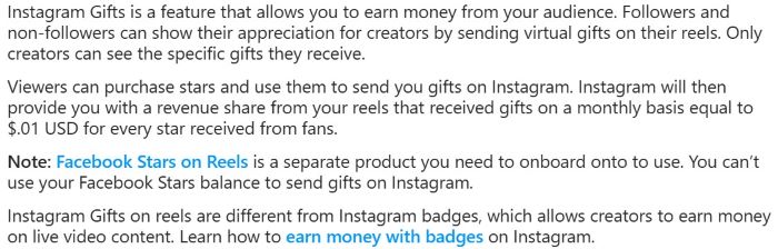 Instagram Help screenshot describing Instagram Gifts via Stars, revenue share per star, and note distinguishing Facebook Stars from Instagram.