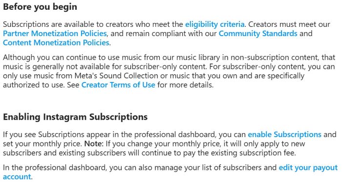 Instagram Help screenshot detailing eligibility, policies, music rules, and steps to enable and manage Instagram Subscriptions.