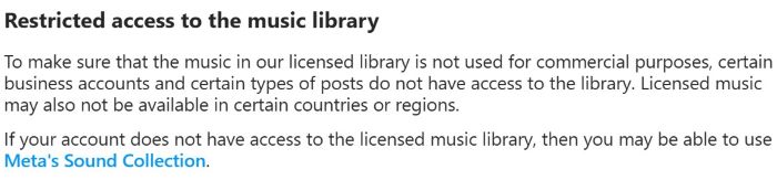 Meta guidance on restricted access to the Instagram Music Library for business accounts and commercial use, with link to Sound Collection.