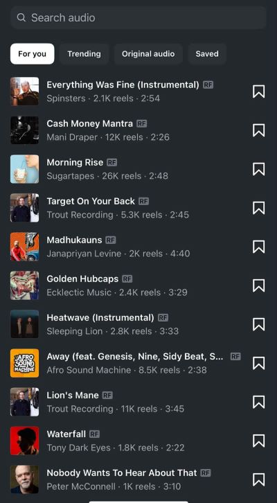 Instagram music library interface showing royalty-free tracks available for reels.