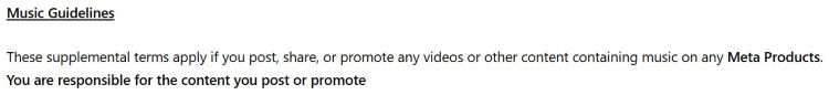 Meta Music Guidelines excerpt reminding creators they are responsible for any videos or content containing music on Meta products.