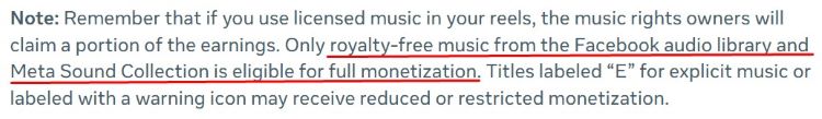 Meta guidance note explaining that only royalty-free music from the Facebook audio library and Meta Sound Collection is eligible for full monetization.