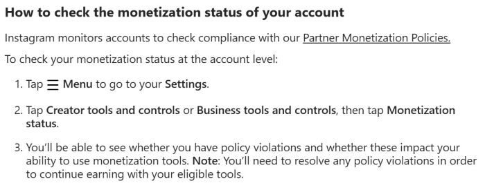 Instagram Help instructions on how to check monetization status, including menu navigation and notes about resolving policy violations.