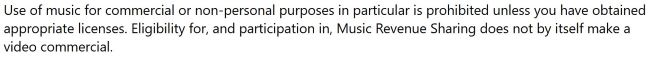 Meta Music Guidelines excerpt stating commercial or non-personal music use requires appropriate licenses and that Music Revenue Sharing eligibility does not make a video commercial.
