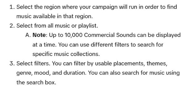 TikTok Commercial Music Library help text explaining how to select region, playlists, and filters like placements, themes, and duration when choosing Commercial Sounds.