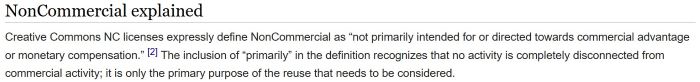Screenshot of Creative Commons NonCommercial interpretation page explaining that NC means “not primarily intended for or directed towards commercial advantage or monetary compensation.”