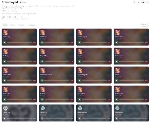 Profile page of a music creator showing a grid of Creative Commons tracks with titles, play buttons, and follower stats on a streaming platform.