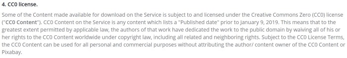 Text excerpt explaining that some site content is licensed under the Creative Commons Zero (CC0) license and may be used for personal and commercial purposes without attribution.