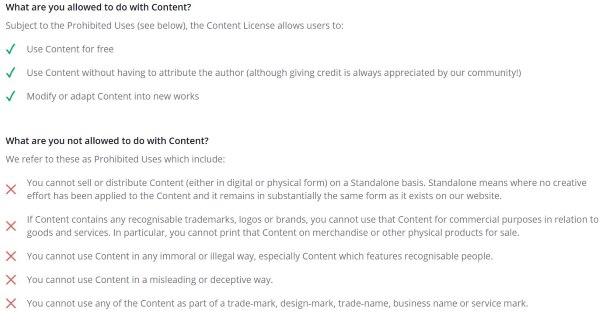 Licensing page listing what users may do with downloaded content, such as free use and adaptations, alongside a checklist of prohibited standalone and trademarked uses.