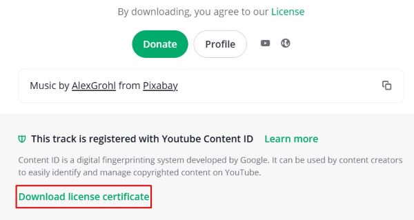 Music download page showing a track credited to a Pixabay artist with a highlighted “Download license certificate” link and note about YouTube Content ID registration.
