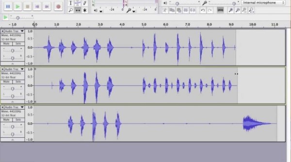 Audio editor window with three stacked waveforms representing a short section of music and voice arranged for a trial podcast mix.