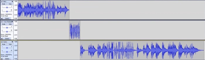 Audio editor view showing separate tracks for intro, short stinger, and extended dialogue, illustrating typical podcast structure.