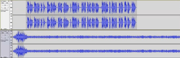 Audio editor view with stacked waveforms of dense dialogue and a steady stereo music bed underneath, representing background music under voice.